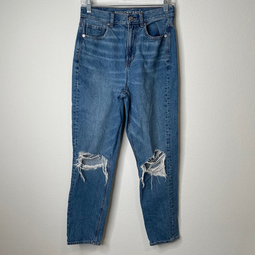American Eagle Highest Rise Mom Jeans Destroyed Destructed Medium Blue Wash
